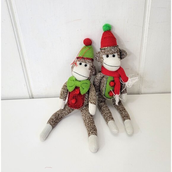 Sock Monkey Ornaments With Red and Green Christmas Hats & Scarves, Set of Two - Picture 1 of 5